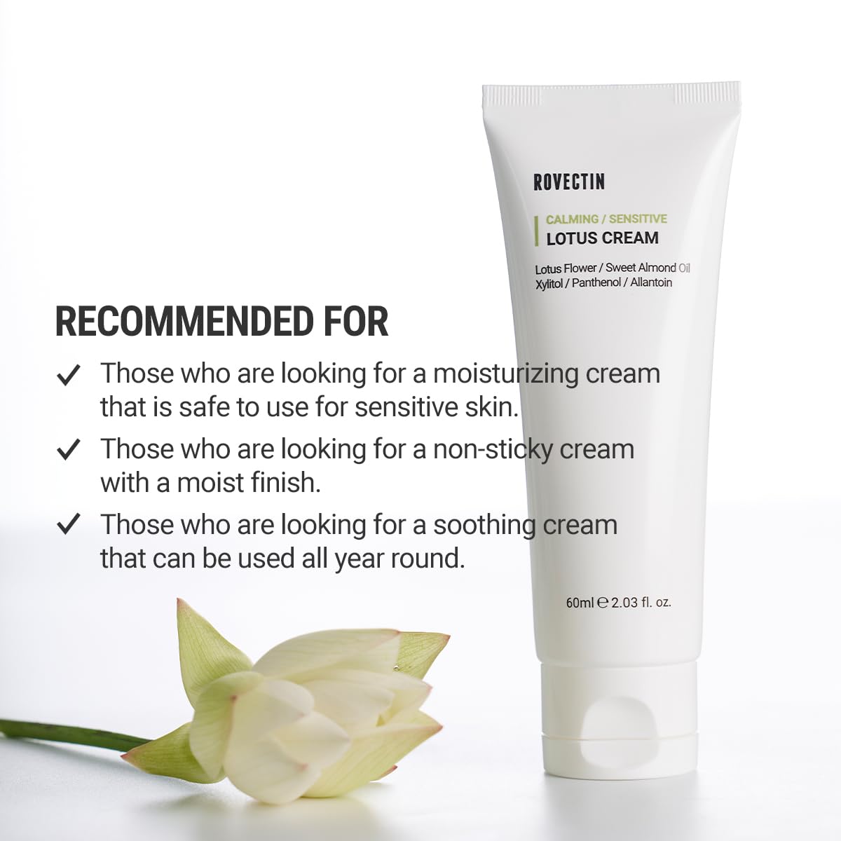 ROVECTIN Calming Lotus Water Cream - Lightweight Moisturizer Face Cream for Oily, Combination Skin | 75% Lotus Water Extract For Skin Purifying, Anti-Aging | Vegan Korean Skincare (2.03 fl oz, 60ml)-Velvo Beauty