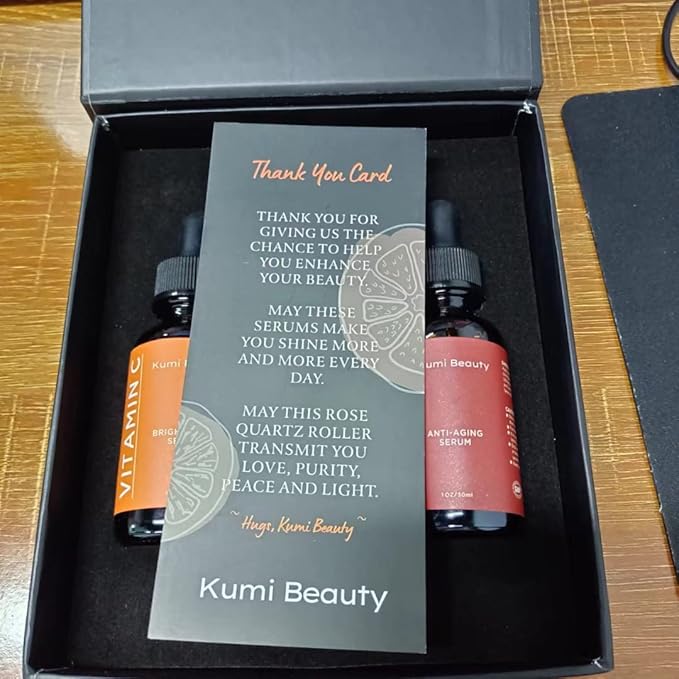 Kumi Beauty. K-Beauty Serums ~ 3 in 1 Gift Box ~ ||| Set: 2 Face Serums (Vitamin C + Retinol) + 1 Rose Quartz Roller.-Velvo Beauty