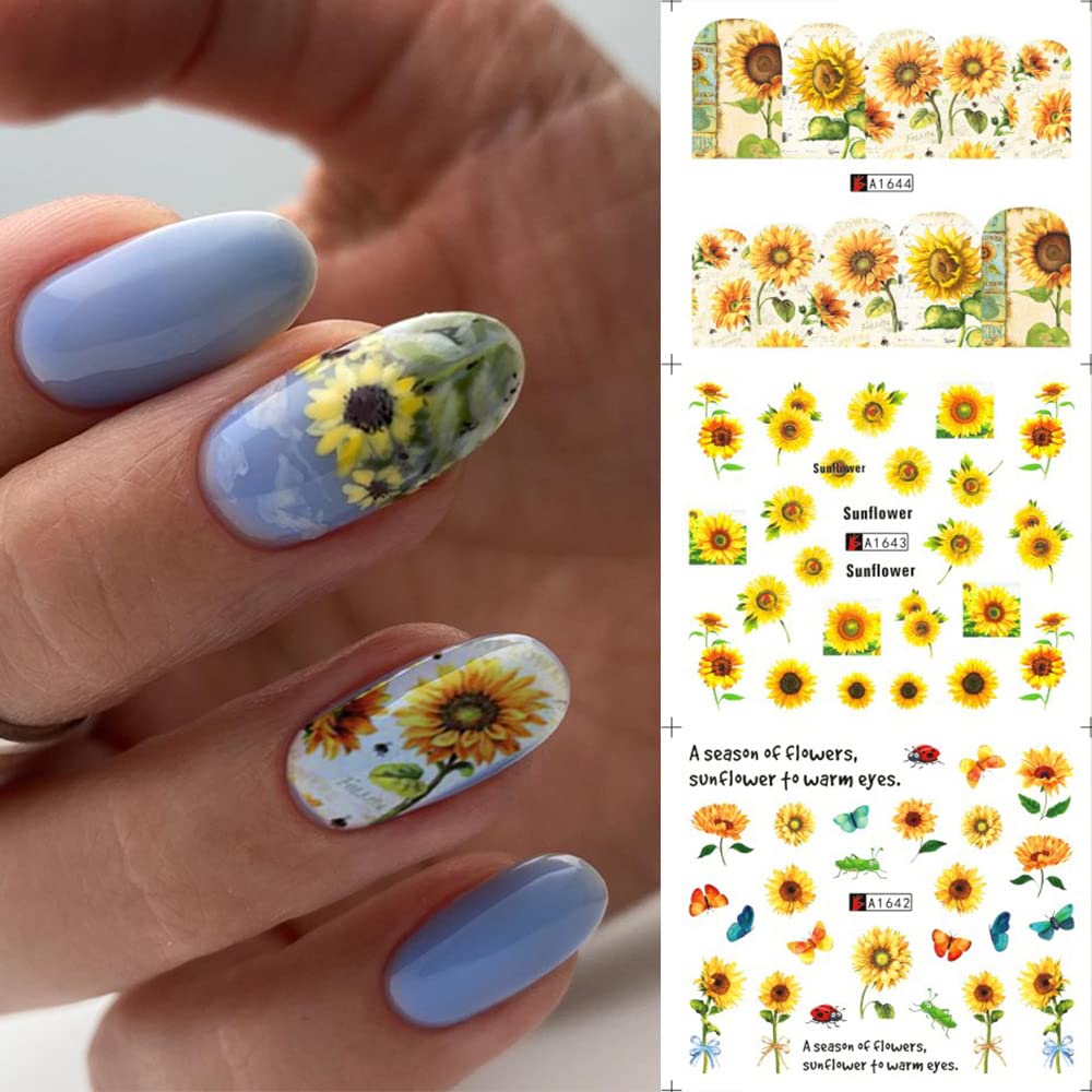 Sunflower Nail Stickers Decals Spring Summer Nail Art Water Transfer Floral Butterfly Honeybee Yellow Flower Supplies Cute Accessories for Women Girls 12Pcs-Velvo Beauty