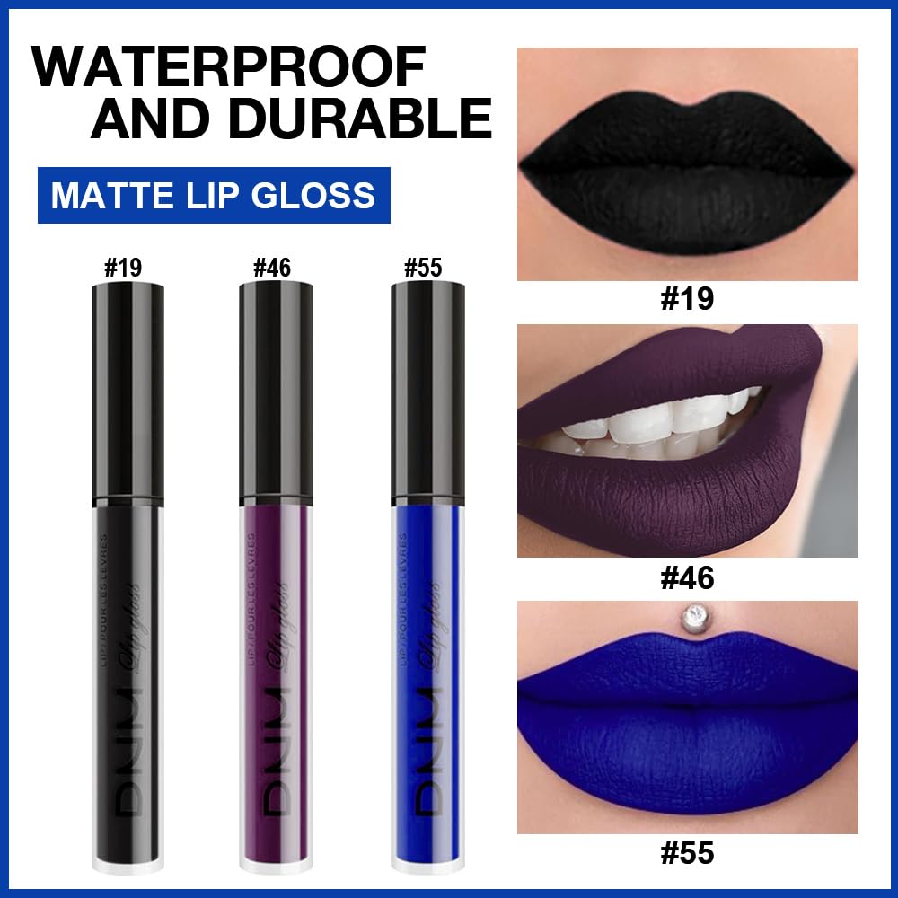evpct 3Pcs Dark Purple Black Royal Blue Matte Liquid Lipstick Lip Stain Sets for Women Matte+Lipstick Long Lasting Waterproof Permanent 24 hr Hours Magic Lipstick 24 Hours original, Set27-Velvo Beauty