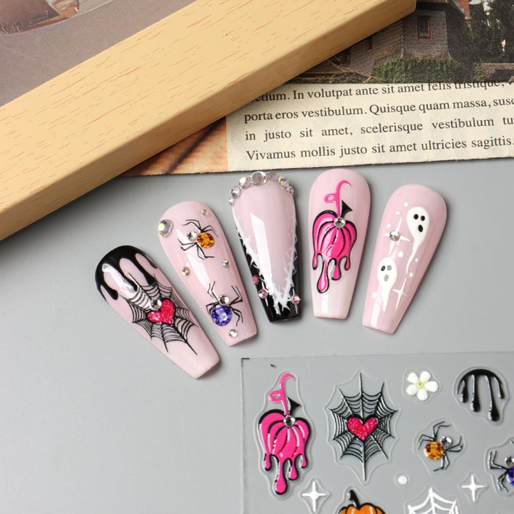 2Pcs Halloween Nail Stickers 5D Embossed Self Adhesive Day of The Dead Nail Decals with Cute Ghost Design Spider Web Pumpkin Nail Art Stickers Halloween Nail Supplies Nail Art Decoration for Women-Velvo Beauty