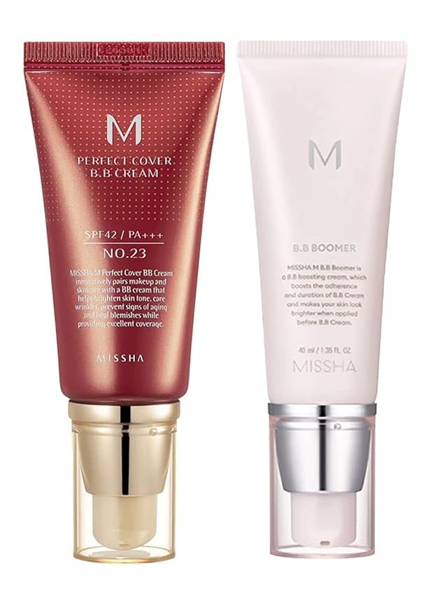 MISSHA M PERFECT COVER BB CREAM No.23 Natural Beige for Light with Neutral Skin Tone SPF 42 PA+++1.69 oz & M BB Boomer 40ml -Lightweight, Multi-Function, High Coverage-Velvo Beauty
