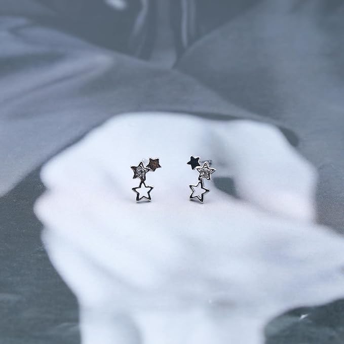 Bohemia Star Climber Crawler Earrings Silver Crystal Star Ear Climber Earrings Cluster Star Studs Earring Festival Earrings Jewelry for Women and Girls (Silver)-Velvo Beauty