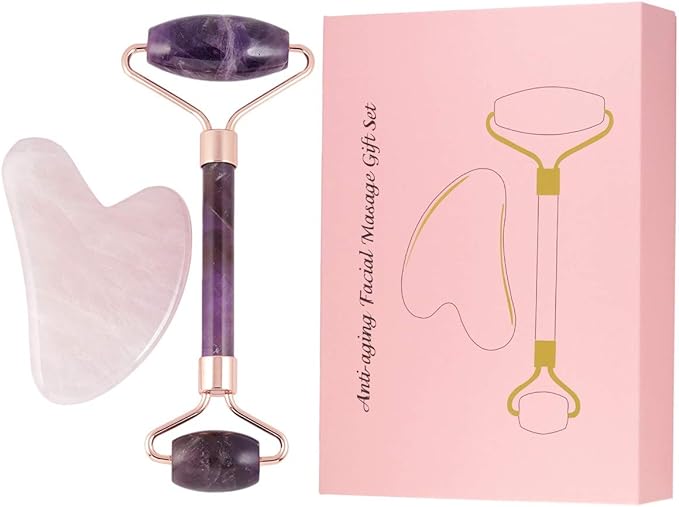 Rockcloud Natural Crystal Jade Roller and Gua Sha Scraping Set Massager Tool for Anti Aging Beauty Neck Body Reduce Wrinkles Facial Massager Therapy Amethyst and Rose Quartz-Velvo Beauty