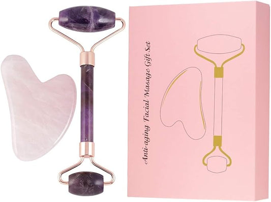 Rockcloud Natural Crystal Jade Roller and Gua Sha Scraping Set Massager Tool for Anti Aging Beauty Neck Body Reduce Wrinkles Facial Massager Therapy Amethyst and Rose Quartz-Velvo Beauty