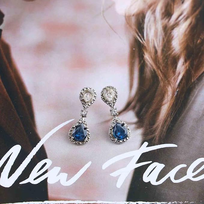 Vintage Sapphire Drop Earrings Oval Sapphire Crystal Earrings Silver Teardrop Rhinestone Stud Earrings Blue Crystal Wedding Earrings Jewelry for Women and Girls Gifts-Velvo Beauty
