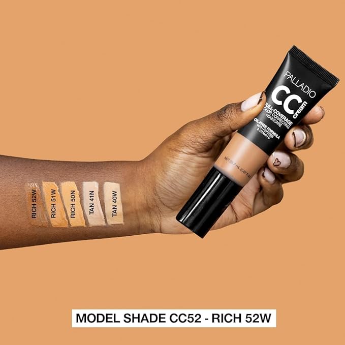 Palladio Full-Coverage Color Correction CC Cream, Oil-Free with Peptides & Vitamin C, Best for Correcting Redness and Uneven Skin Tone, Buildable Foundation Coverage (Rich 52W)-Velvo Beauty