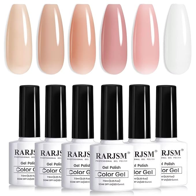 RARJSM Nude Gel Nail Polish Apricot Peach Pink Jelly Gel Polish Set of 6 Transparent Colors 7.5ml Clear Purple Sheer Wine Red Milky Mavue French Manicure LED UV Gel Soak Off Curing Requires Home-Velvo Beauty