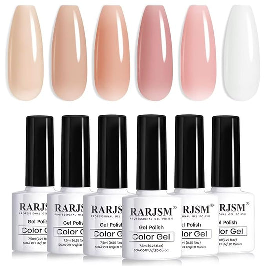 RARJSM Nude Gel Nail Polish Apricot Peach Pink Jelly Gel Polish Set of 6 Transparent Colors 7.5ml Clear Purple Sheer Wine Red Milky Mavue French Manicure LED UV Gel Soak Off Curing Requires Home-Velvo Beauty