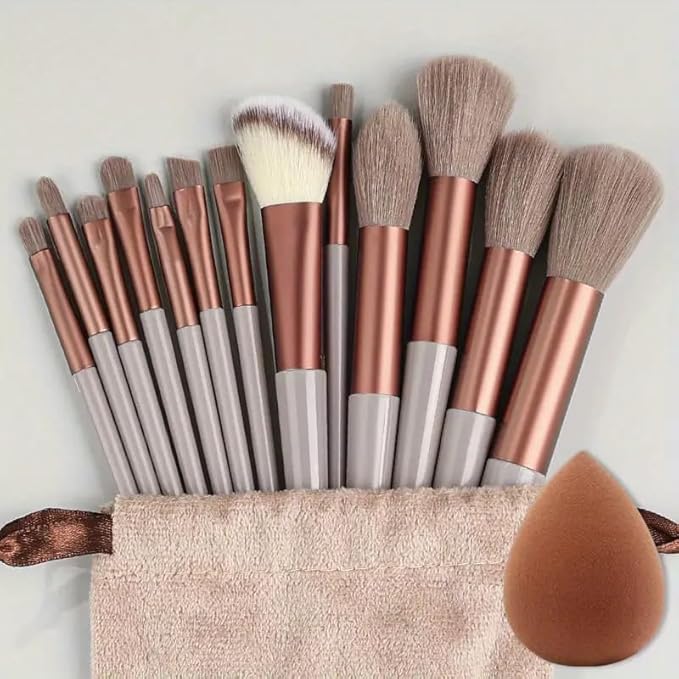 Foundation Makeup Brush Set Kit | 13 Pcs Premium Synthetic Kabuki Eye Shadows Make Up Brushes + 1 Sponge + 1 Brush Bag for Travel and Home Use (BROWN)-Velvo Beauty