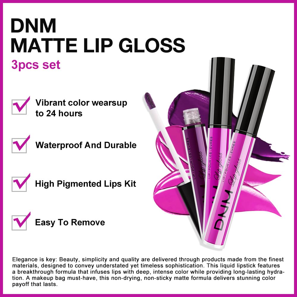 evpct 3Pcs Purple Hot Pink Fuchsia Red Matte Liquid Lipstick Lip Stain Sets for Women, Matte Lipstick Long Lasting Waterproof Permanent 24 Hours original, Lip Sticks Pack for Halloween Daily Makeup-Velvo Beauty