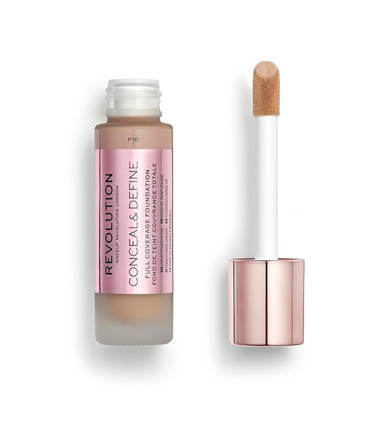 Revolution Beauty, Conceal & Define Foundation, Full Coverage, Long-Lasting Matte Finish, Vegan & Cruelty Free, F10 Medium Skin Tones, 0.8 Fl.Oz.-Velvo Beauty