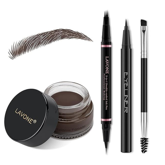 Eyebrow Pencil Makeup Kit, with Waterproof 2-IN-1 Microblading Eyebrow Pen, Eyebrow Pomade, Eyeliner and Dual-ended Eyebrow Brush, Brow Pencil Kit for Natural Eyebrows - Dark Coffee-Velvo Beauty