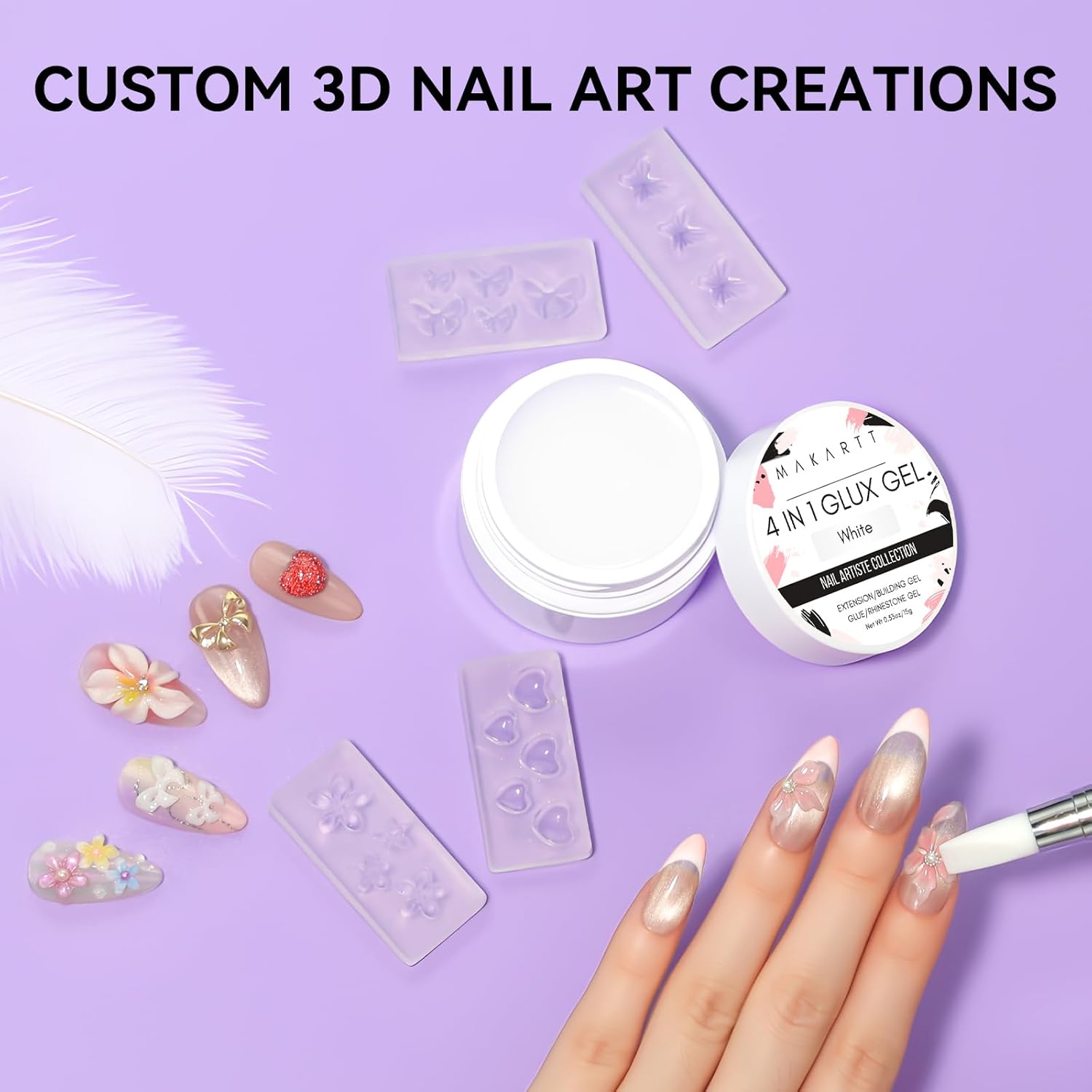 Makartt 3D Gel Nail Art: 4 in 1 White Solid Gel Builder Diy Kit for 15ML Nail Extension Gels, 4pcs Silicone Molds, 1 sculpture Brush, Nails Art Glue for Acrylic Nails Carving Manicure for Home Salon-Velvo Beauty