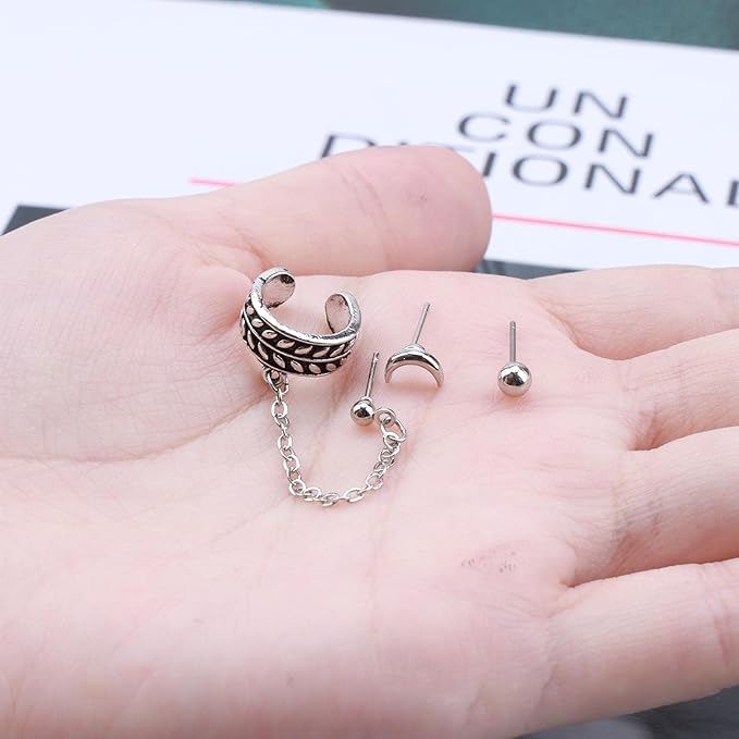 Bohemia Moon Cuff Chain Earrings Silver Chain Climber Dangle Earrings Tassel Chain Cartilage Earrings Chain Drop Dangle Earrings Set for Women and Girls-Velvo Beauty