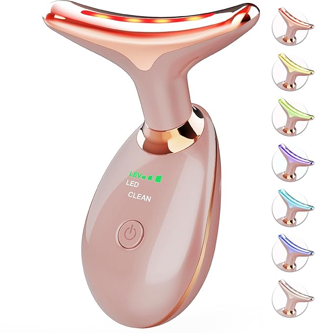 Red Light Therapy for Face and Neck, 7 Color Face Massager Tool for Wrinkles, Double Chin, Vibrating Facial Massager with Thermals for Skin Care, Rose Gold-Velvo Beauty