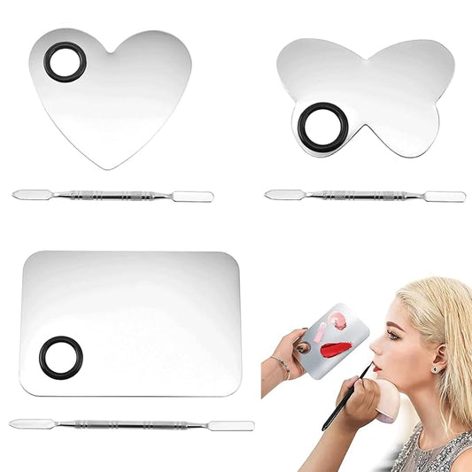 6 in 3 Set Makeup Mixing Palettes, 2 Pcs Stainless Steel Nail Art Palette with 2 Makeup Spatula for Foundation Makeup Tools Eyeshadow Nail Art (4 in 2 Silver Heart Rectangular)-Velvo Beauty