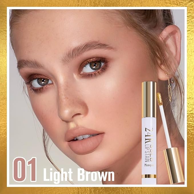 2025 New 24K Gold Liquid Lip Gloss Peel Off Lip Stain Tattoo with Tweezer, Light Brown Lips Stain Peel Off Masque, Long Lasting Waterproof Lip Tint Stain, Transfer-proof for All Skin Types 01#-Velvo Beauty