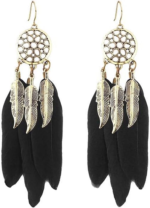 Boho Black Feather Dangle Earrings Long Feather Tassel Earrings Vintage Tribal Feather Earrings Gold Feather Drop Earrings Jewelry for Women-Velvo Beauty