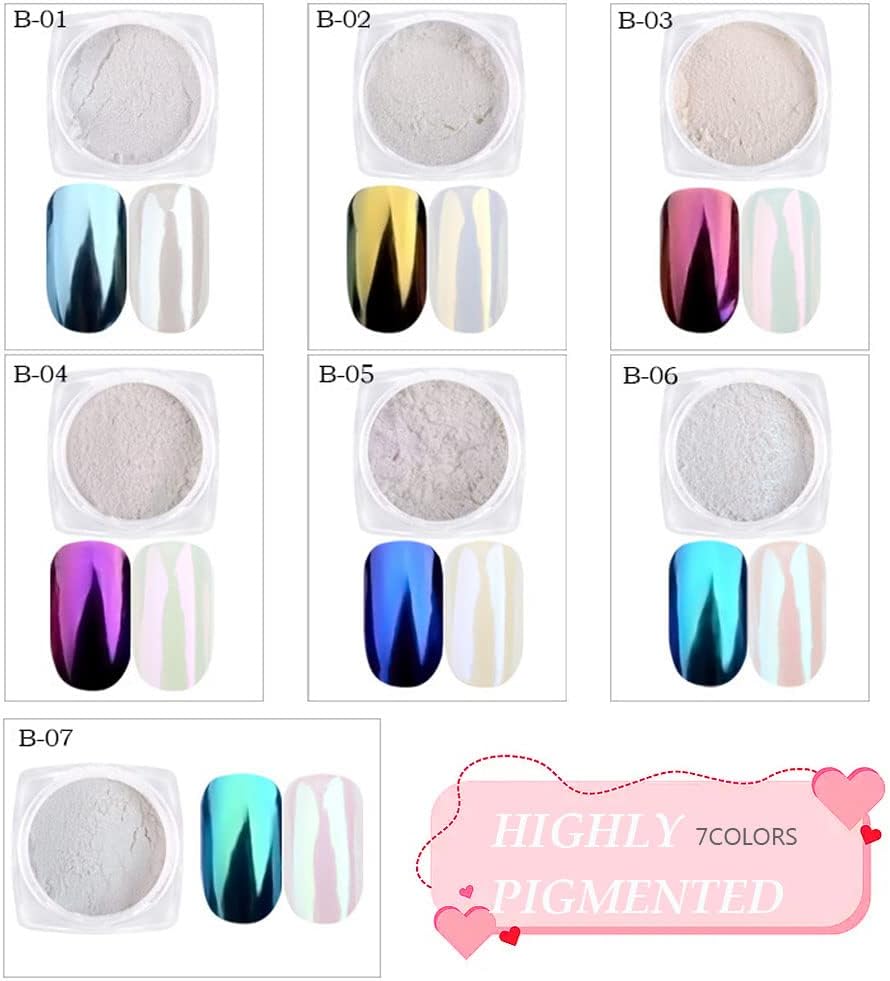 7 Colors Chrome Nail Powder Aurora Metallic Holographic Mirror Effect Dip Nail Powder Kit, White Pearl Iridescent Shell Powder Glitter Nail Art Pigment Manicure for Nails-Velvo Beauty