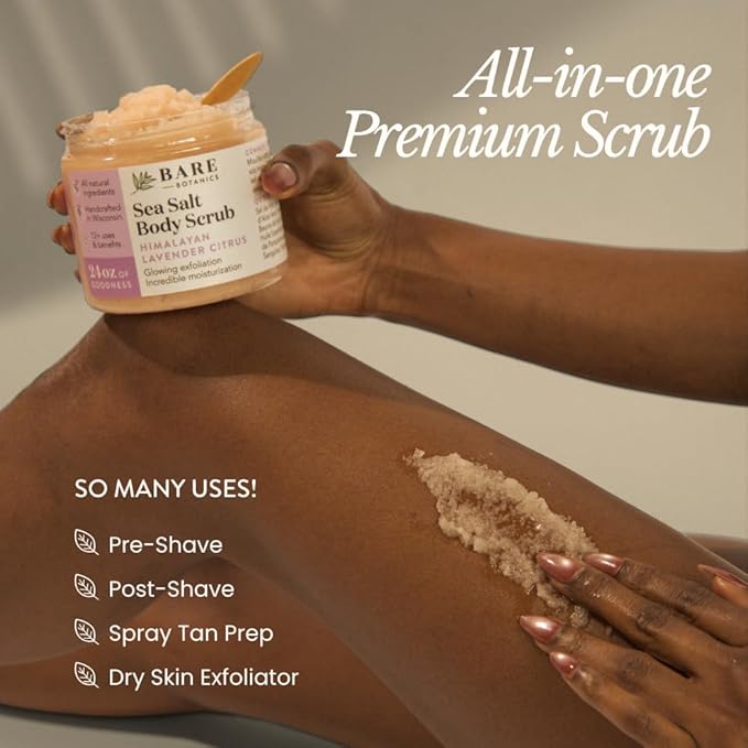 Bare Botanics Lavender Grapefruit Body Scrub 24 oz - Naturally Scented Himalayan Salt Scrub Made in Madison WI - Formulated w/Skin Loving Moisturizers - Cruelty Free Exfoliator w/a Cute Wooden Spoon-Velvo Beauty