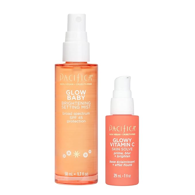 Pacifica Beauty Glow Baby Brightening Setting Mist & Glowy Vitamin C Skin Solve Set, Skincare, Suncare, SPF 45, UVA/UVB, Blue Light Protection, Primer, Vegan, 1.7 fl oz and 1 fl oz (Set of 2)-Velvo Beauty