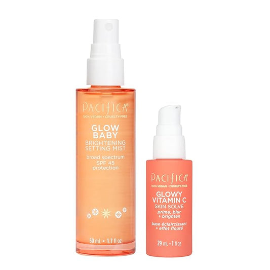 Pacifica Beauty Glow Baby Brightening Setting Mist & Glowy Vitamin C Skin Solve Set, Skincare, Suncare, SPF 45, UVA/UVB, Blue Light Protection, Primer, Vegan, 1.7 fl oz and 1 fl oz (Set of 2)-Velvo Beauty