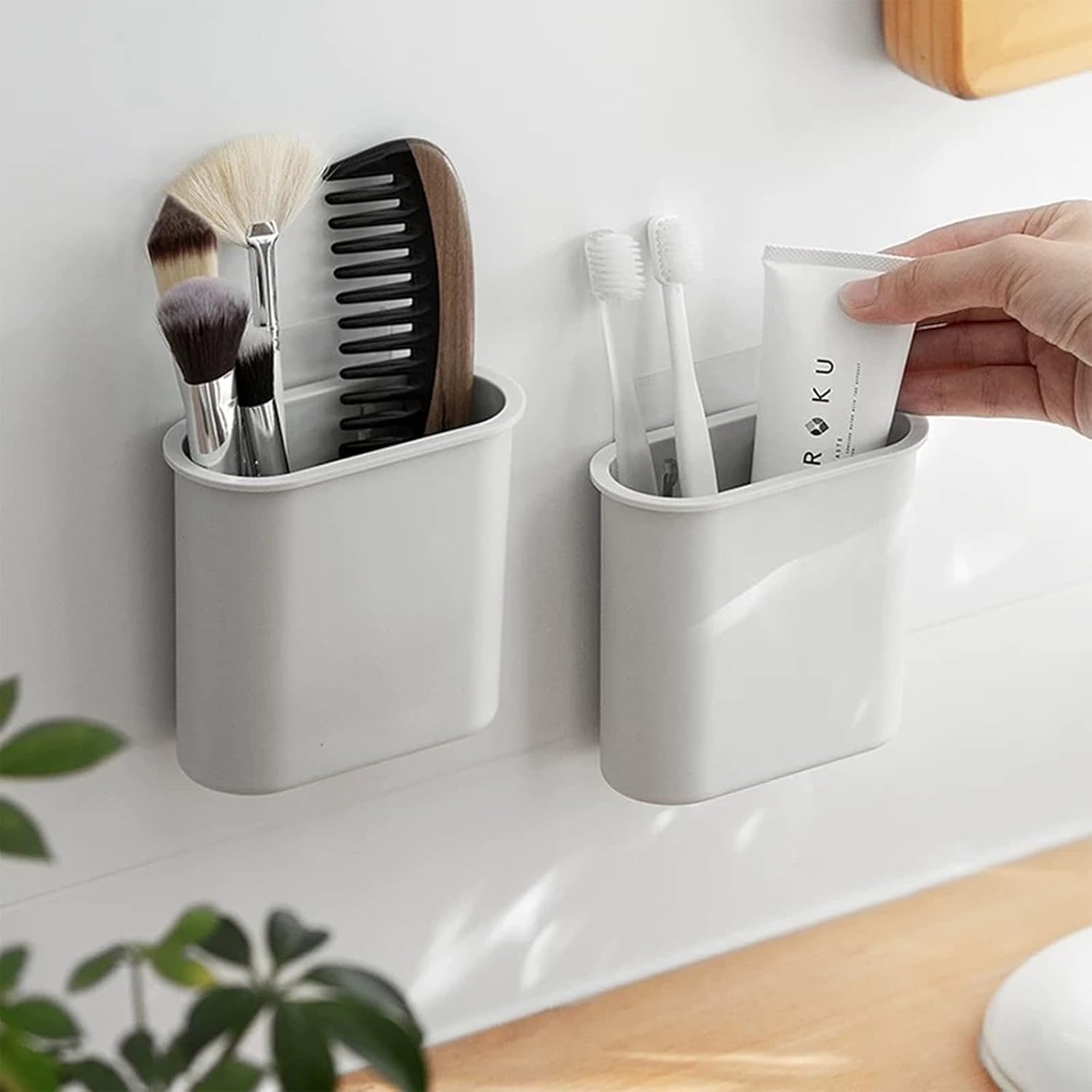 Toothbrush Holder Wall Mounted for Bathroom, Wall Toothbrush Holders for Electric Toothbrush, Toothpaste, Razor, Self Adhesive Wallmount Organizer (Grey-Velvo Beauty
