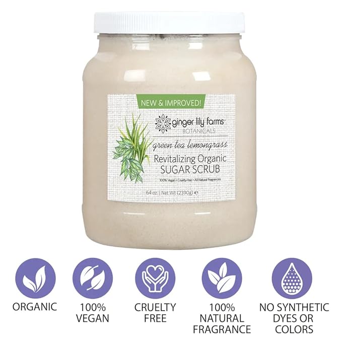 Ginger Lily Farms Botanicals Revitalizing Organic Sugar Scrub, All-Natural Skin Exfoliating Sugar Crystals, 100% Vegan & Cruelty-Free, Green Tea Lemongrass, 64 oz.-Velvo Beauty