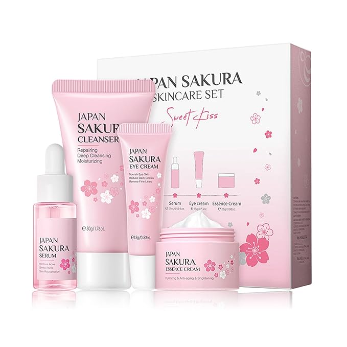 Skin Care Set - Sakura Skin Care Sets & Kits - Women Gift Sets with Cleanser,Serum,Eye Cream,essence Cream - Beauty Products For Women - Skin Care Routine Travel Kit (SetB)-Velvo Beauty