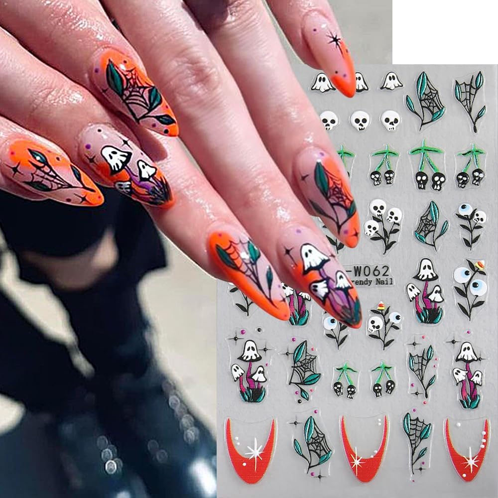 5 Sheets Halloween Nail Art Stickers Horror Ghost Self-Adhesive Embossed Flower Skull Nail Decals - with Cute Sunflower Strawberry Spider Ghost Designs for Women Girls DIY Nail Decoration-Velvo Beauty