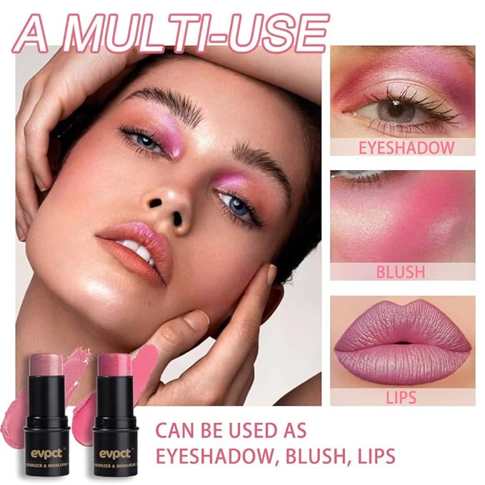 evpct 2Pcs Shimmer Pink Rose Cream Blush Stick for Cheeks Lips Tint Eyes Contour Highlighter Makeup Sticks Lightweight Hydrating formula rubor en crema para los cachetes 01 Dainty & 05 Sweet Heart-Velvo Beauty