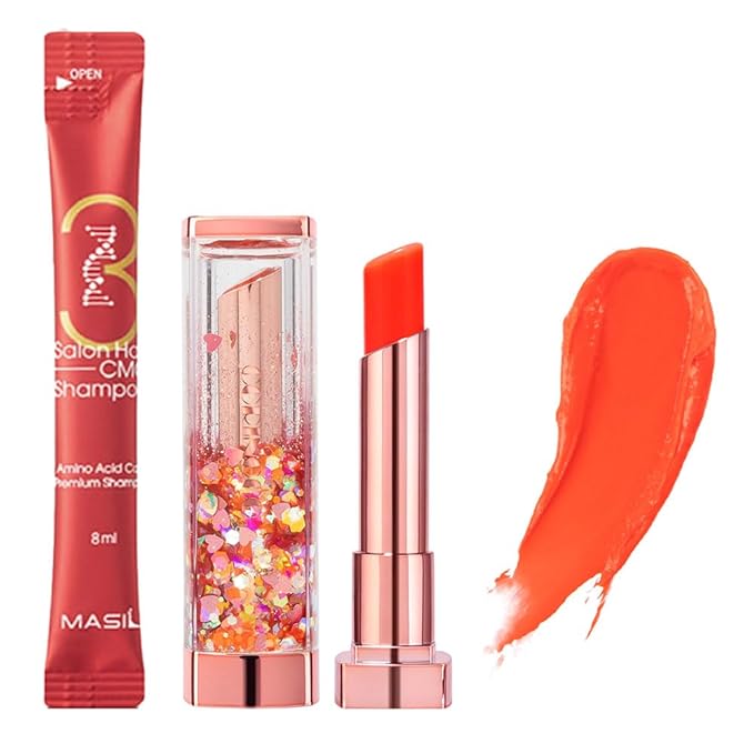 [SET] CORINGCO Sparkle Cute Color Changing Lip Balm｜ Colored Lip Cream Lip Gloss, Glitter Lip Care Lip Pack Birthday Gift Glitter Gift Sequin Shiny Spangle Lipbalm (#04 Orange Red)-Velvo Beauty