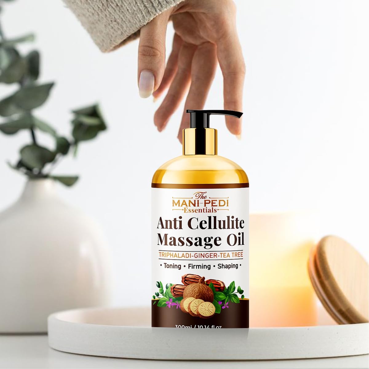 Anti Cellulite Massage Oil with Ginger Oil, Tea-Tree Oil & Natural Herbs for Toning, Firming & Shaping. 100% Natural Ingredients, Non-Sticky Texture - 10 Fl Oz-Velvo Beauty