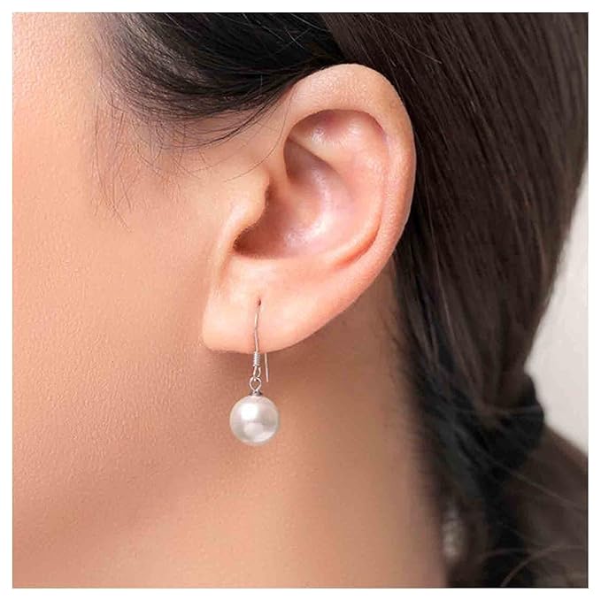 Boho Pearl Hook Earrings Freshwater Pearl Drop Earrings Silver Round Dangle Earrings Bridal Earrings Jewelry for Women and Girls Bridesmaid Gifts-Velvo Beauty