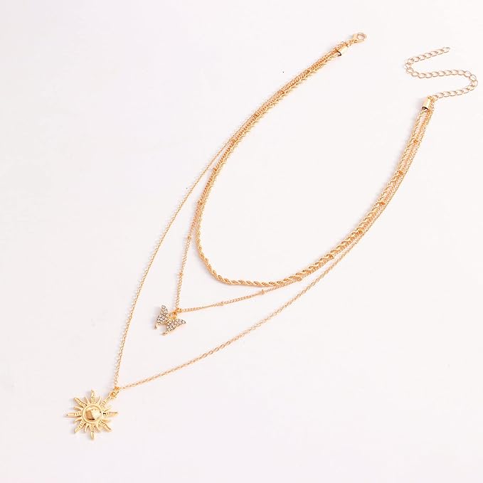 Bohemia Layered Sun Necklace Choker Crystal Butterfly Pendant Necklace Gold Rope Chain Necklace Vintage Sunflower Necklace Jewelry for Women and Girls-Velvo Beauty