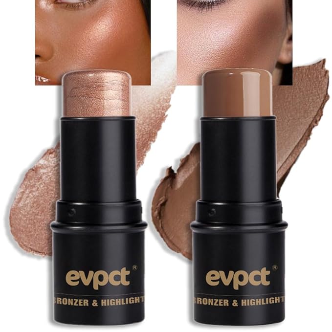 evpct 2Pcs Face Cream Contour Bronzer Sticks Makeup Highlighter Highlight Almond Mocha Creme Cheek Contour Sticks contorno en crema Bronzing Foundation Face Contour Stick Kit,1+10 New Medium-Velvo Beauty