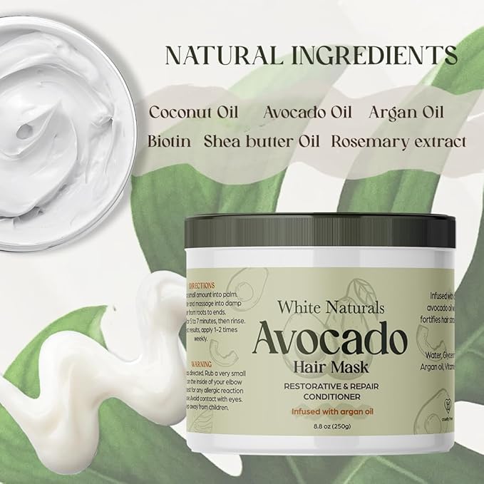 White Naturals Avocado Hair Mask Infused with Biotin for Growth and Volume, Deep Conditioning Cream for Healthy Hydrated Thick Hair, Nourishing Avocado Oil Cream to Help Restore Damaged Tips-Velvo Beauty