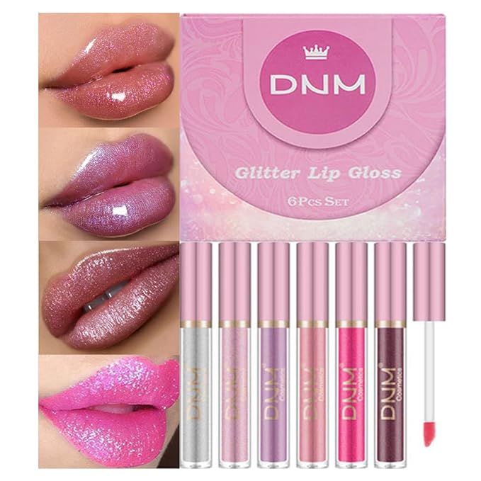 evpct 6Pcs Holographic Shimmer Lip Gloss Liquid Lipstick Set Makeup, Pink Red Metallic Lipstick Long Lasting Waterproof, Diamond Shinning Sparkly Sparkle Lipstick Face Eye Moisturizing High Gloss Glow-Velvo Beauty
