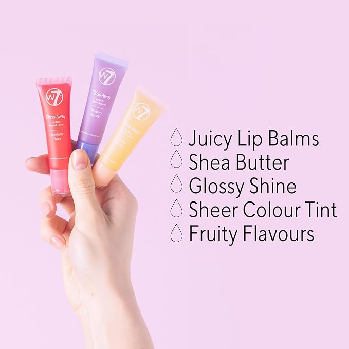 W7 Gloss Away Lip Balm Trio - 3 Piece Set - Nourishing Lips Balms With Shea Butter - Blueberry, Vanilla, Strawberry-Velvo Beauty