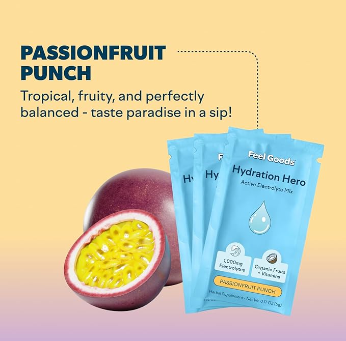 Feel Goods Hydration Hero, 1,000mg Electrolytes Powder, Sugar Free, Magnesium, Organic Aloe Vera, L Theanine, Vitamin C & B12, Keto, Vegan, Electrolyte Packets, Passion Fruit Punch, 15 Count-Velvo Beauty