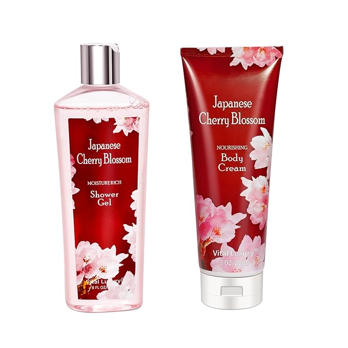 Japanese Cherry Blossom Shower Gel and Body Cream Set - Nourishing and Moisturizing Daily Skincare - 8 fl.oz / 236mL Each, Christmas Gifts for Her and Him (Japanese Cherry Blossom)-Velvo Beauty
