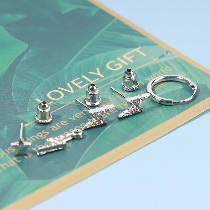 Bohemia Crystal Thunder Hoop Earrings Cz Lighting Bolt Studs Earrings Silver Lighting Drop Earrings Multiple Piecing Dot Earrings for Women and Girls-Velvo Beauty