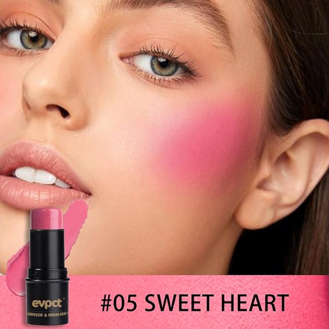 evpct 2Pcs Shimmer Pink Rose Cream Blush Stick for Cheeks Lips Tint Eyes Contour Highlighter Makeup Sticks Lightweight Hydrating formula rubor en crema para los cachetes 01 Dainty & 05 Sweet Heart-Velvo Beauty