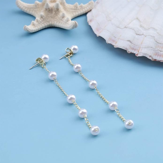 Boho Pearl Drop Earrings Long Pearl Tassel Earrings Gold Pearl Chain Earrings Vintage Pearl Stud Earrings Jewelry for Women-Velvo Beauty