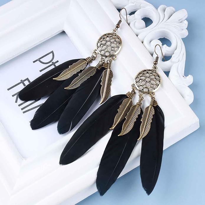 Boho Black Feather Dangle Earrings Long Feather Tassel Earrings Vintage Tribal Feather Earrings Gold Feather Drop Earrings Jewelry for Women-Velvo Beauty