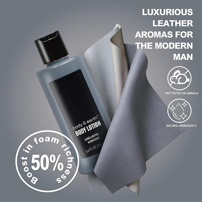 Gift Baskets for Men Body Wash Set Body & Earth Leathers Mens Bath Set with Body Lotion, Face Wash, Shower Gel, Bubble Bath, Loofah & More, Birthday Gifts for Men,regalos para hombre,Christmas Gifts-Velvo Beauty