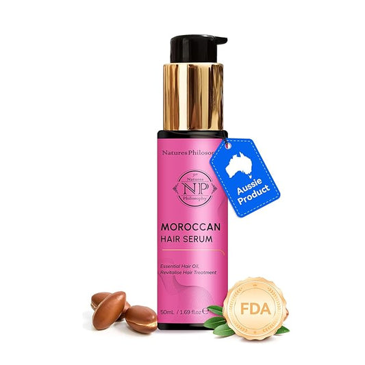 NP NATURES PHILOSOPHY Moroccan Argan Oil - Hair Serum Organic, Anti-Frizz, Repairs Damaged Hair, Adds Shine for All Hair Types Aussie Allergy-Free Moroccan Oil Hair Products 1.69 Fl oz-Velvo Beauty