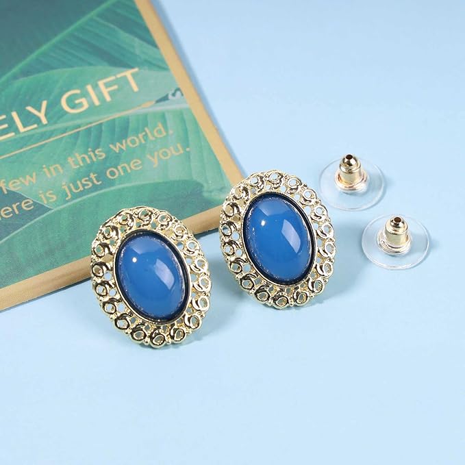 Vintage Oval Blue Gem Earrings Blue Lapis Earrings Antique Halo Oval Earrings Custom Oval Studs Earrings Jewelry for Women and Girls Gifts-Velvo Beauty