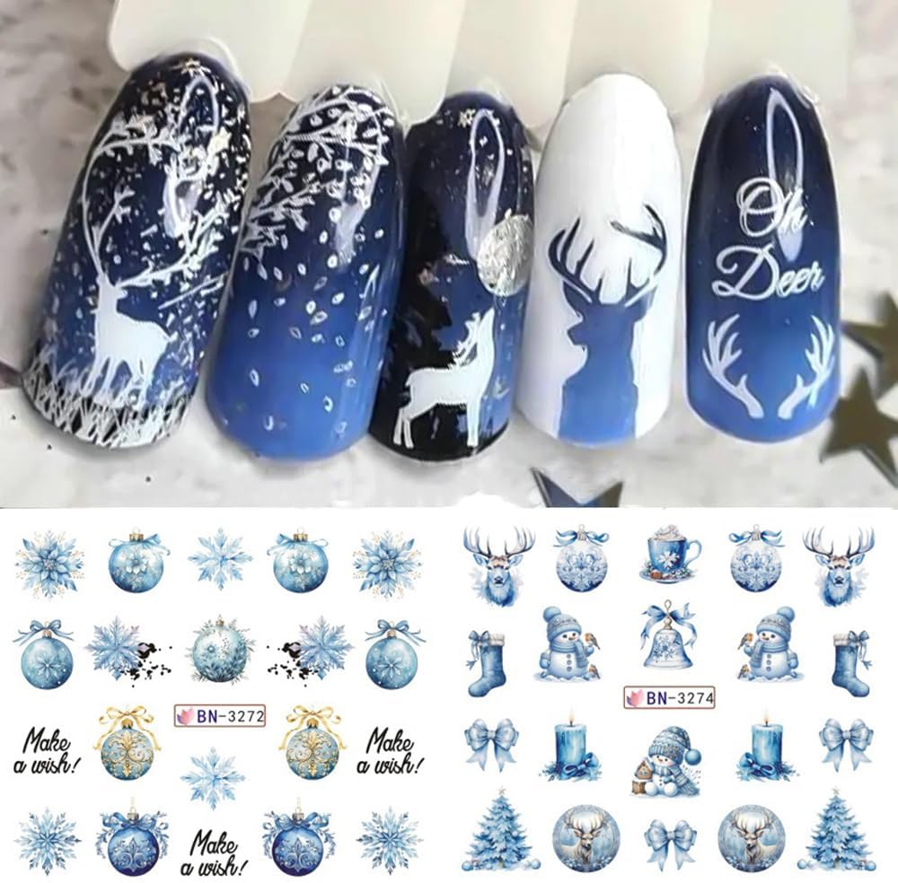 Christmas Nail Art Stickers Snowman Snowflake Water Transfer Nail Decals Xmas Winter Nail Art Decorations Cute Penguin Santa Claus Elk Gingerbread Man Gift Design Nail Foil Sticker for Women DIY Nails-Velvo Beauty